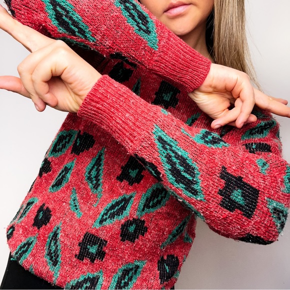 VINTAGE Red Green Leaf 90s Sweater - Picture 3 of 7